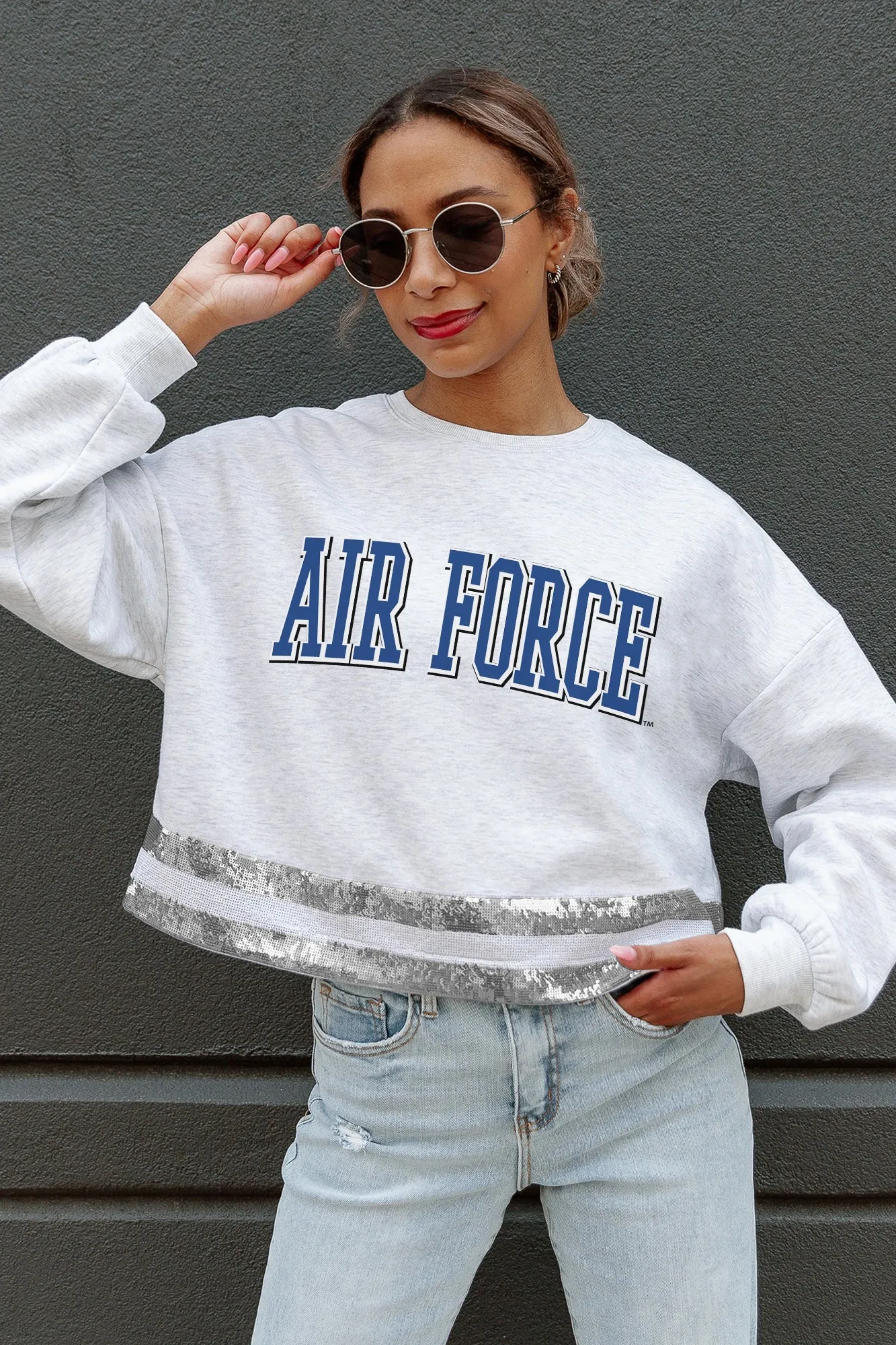 AIR FORCE FALCONS PASS THE SHINE SEQUIN TRIM MID-CROP SWEATSHIRT