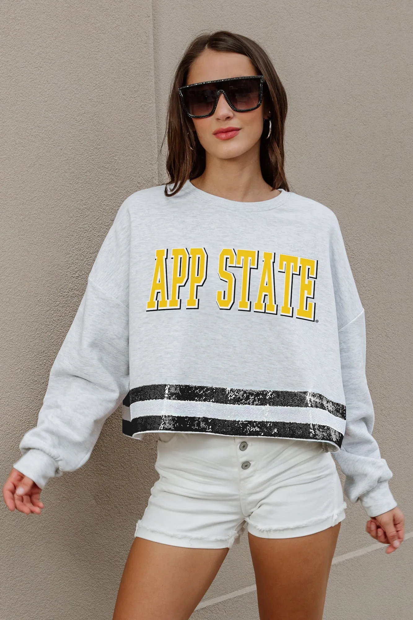 APPALACHIAN STATE MOUNTAINEERS PASS THE SHINE SEQUIN TRIM MID-CROP SWEATSHIRT
