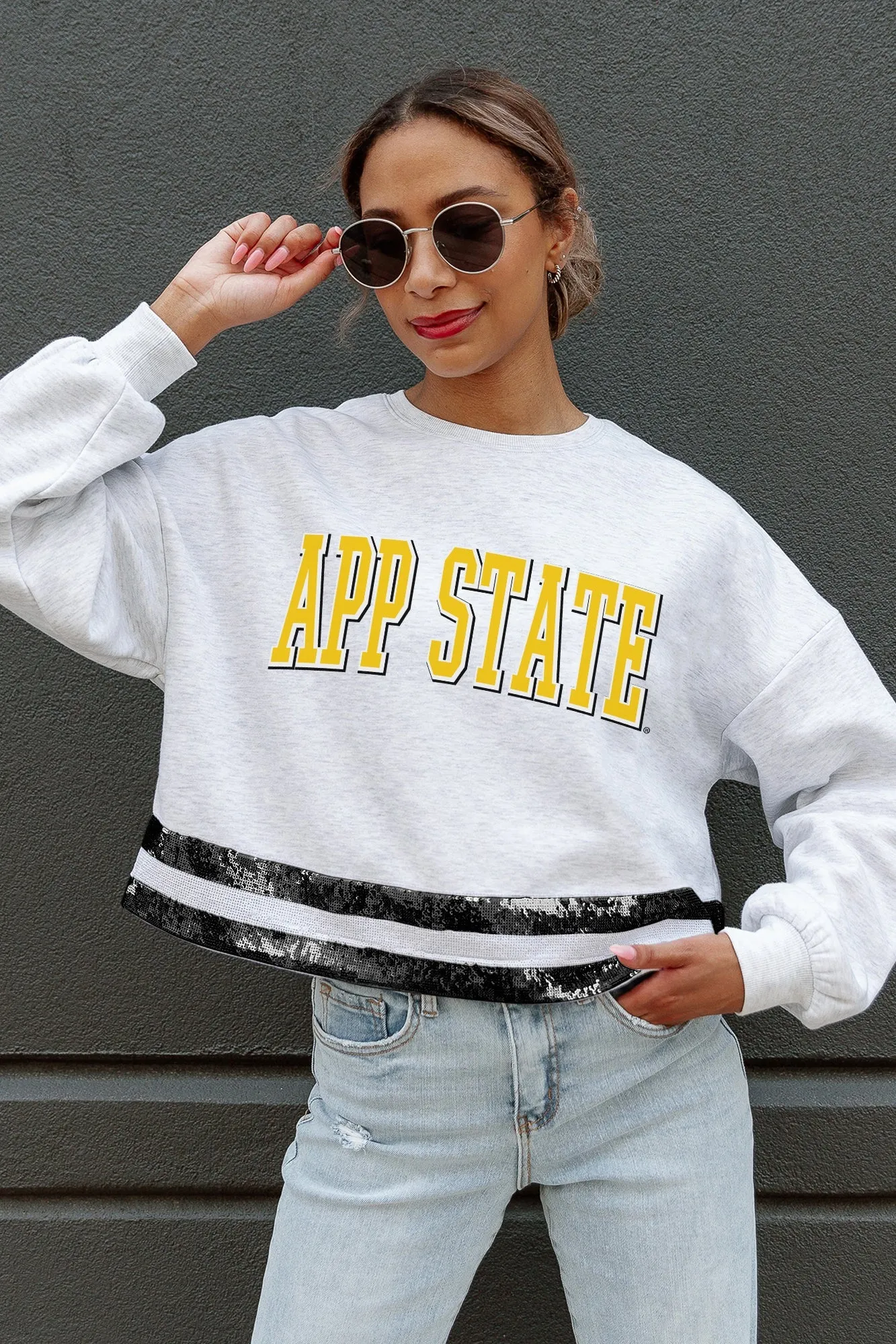 APPALACHIAN STATE MOUNTAINEERS PASS THE SHINE SEQUIN TRIM MID-CROP SWEATSHIRT