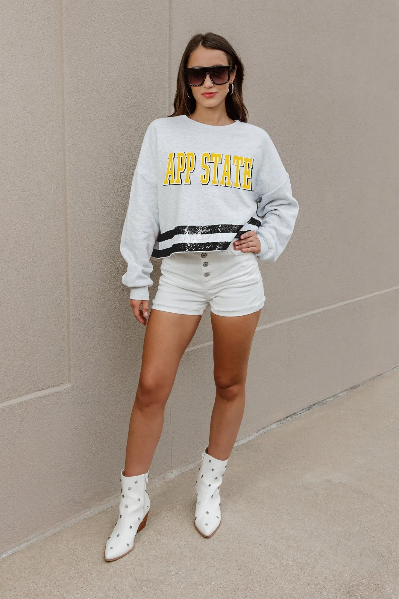 APPALACHIAN STATE MOUNTAINEERS PASS THE SHINE SEQUIN TRIM MID-CROP SWEATSHIRT