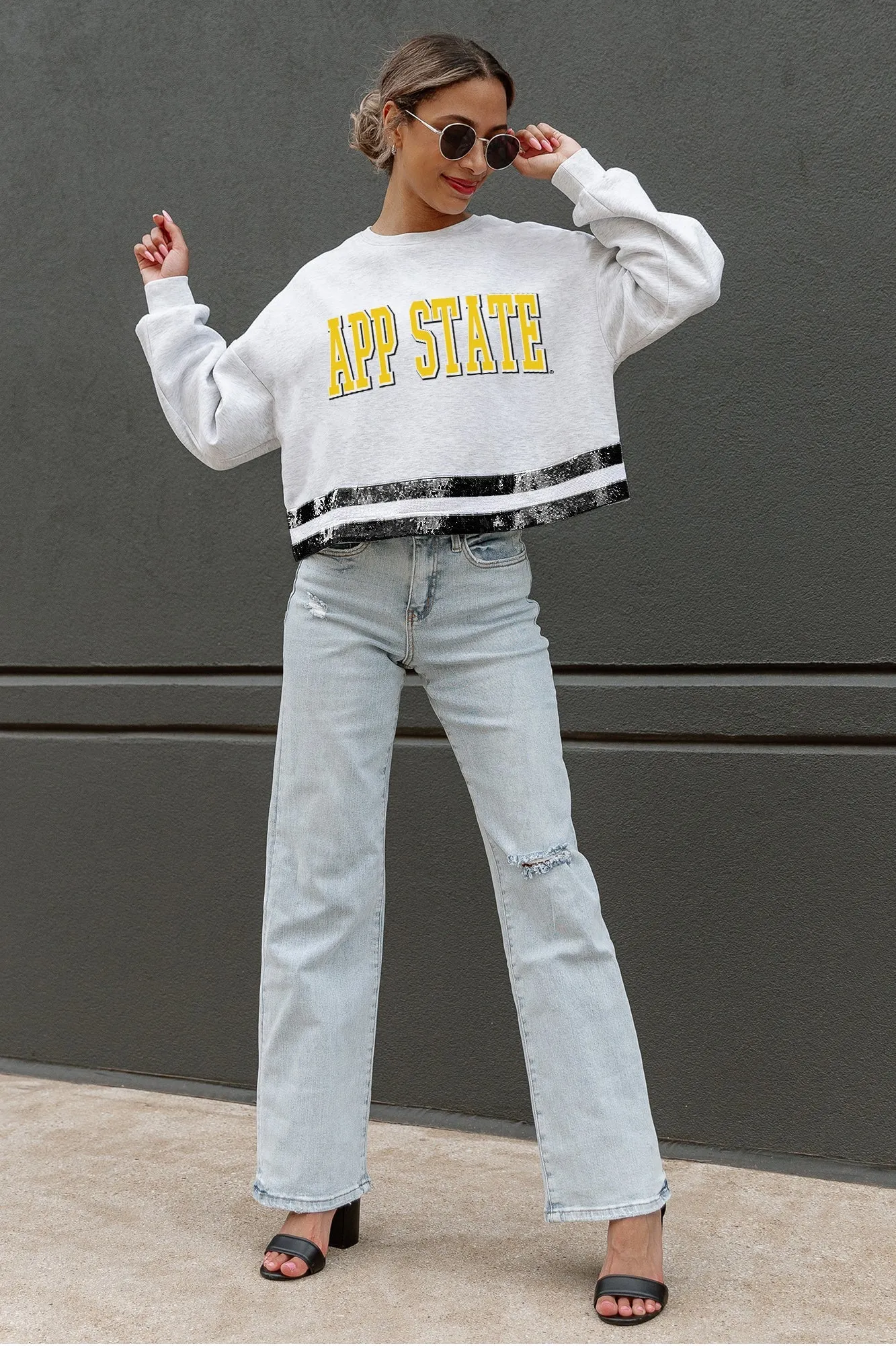 APPALACHIAN STATE MOUNTAINEERS PASS THE SHINE SEQUIN TRIM MID-CROP SWEATSHIRT