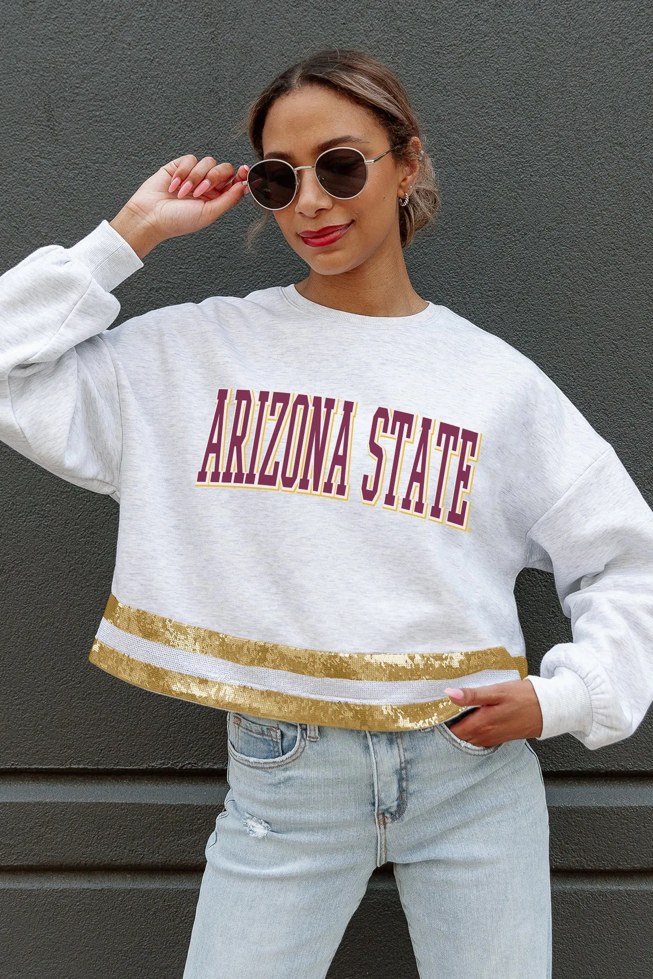 ARIZONA STATE SUN DEVILS PASS THE SHINE SEQUIN TRIM MID-CROP SWEATSHIRT