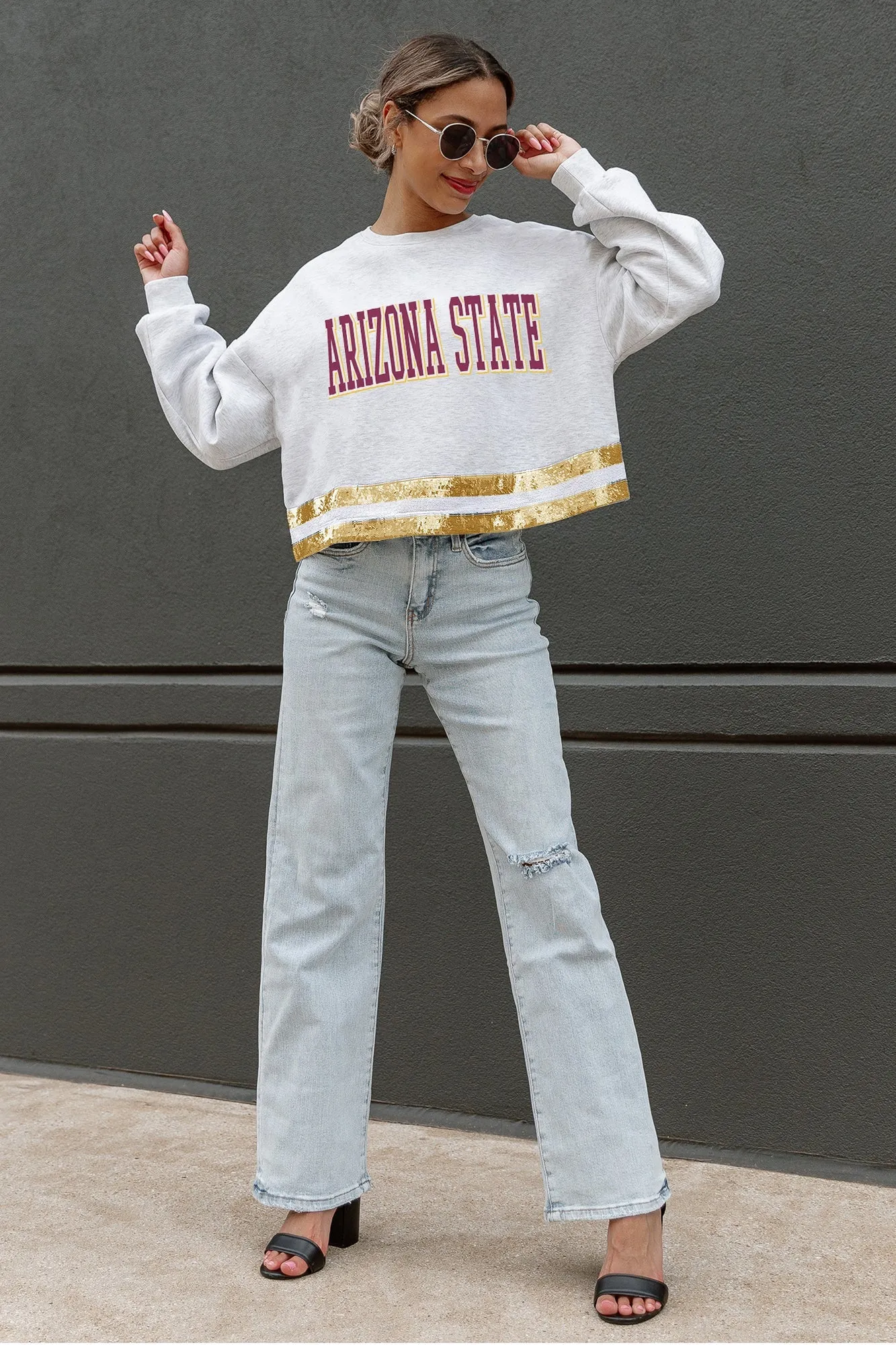 ARIZONA STATE SUN DEVILS PASS THE SHINE SEQUIN TRIM MID-CROP SWEATSHIRT