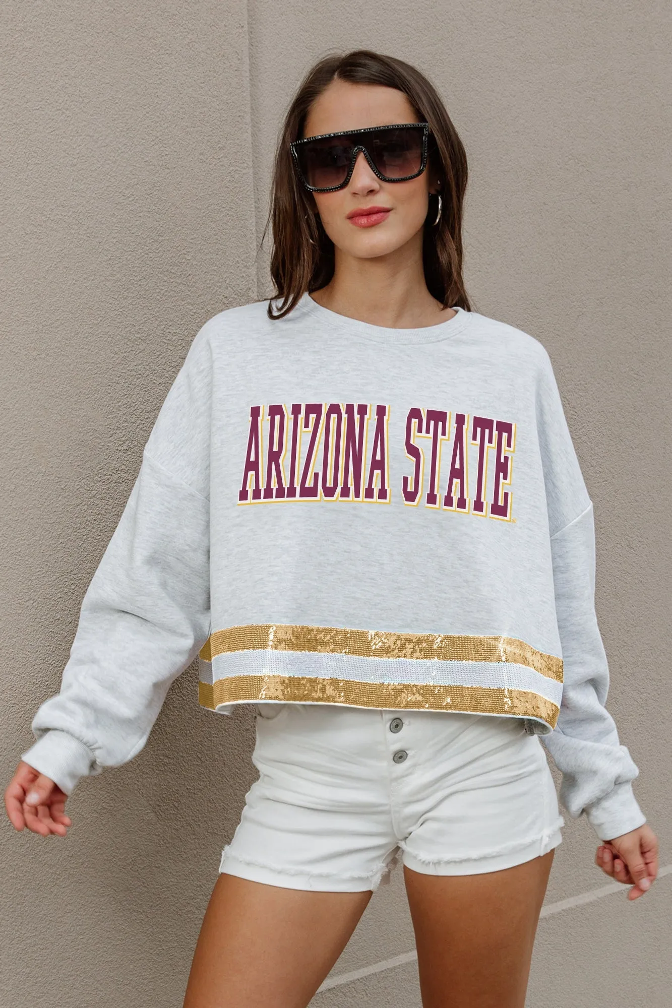 ARIZONA STATE SUN DEVILS PASS THE SHINE SEQUIN TRIM MID-CROP SWEATSHIRT