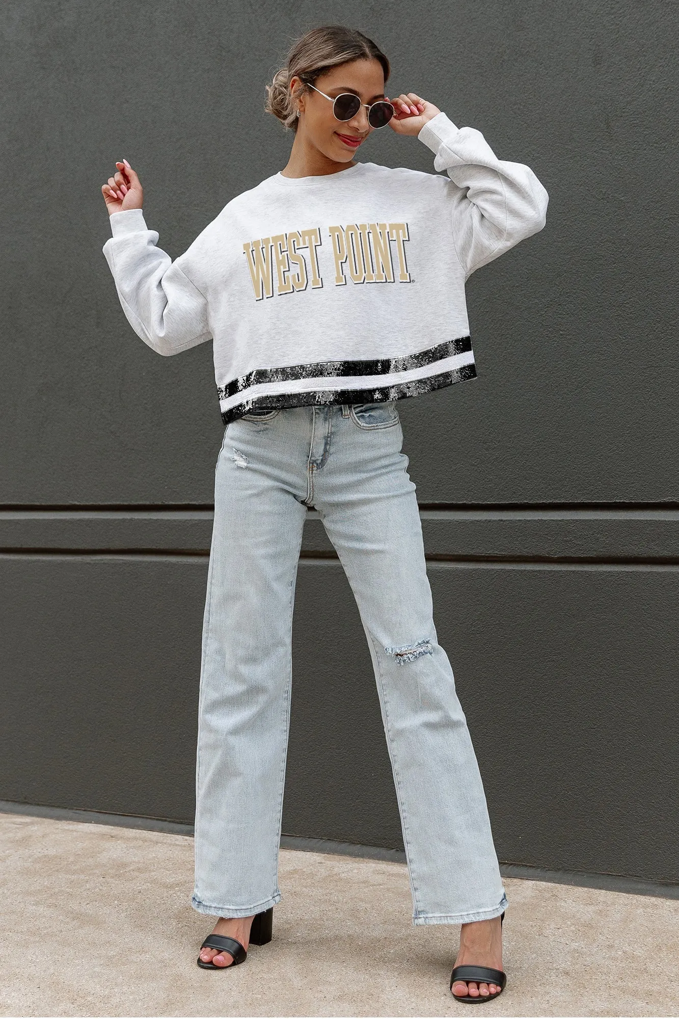 ARMY BLACK KNIGHTS PASS THE SHINE SEQUIN TRIM MID-CROP SWEATSHIRT