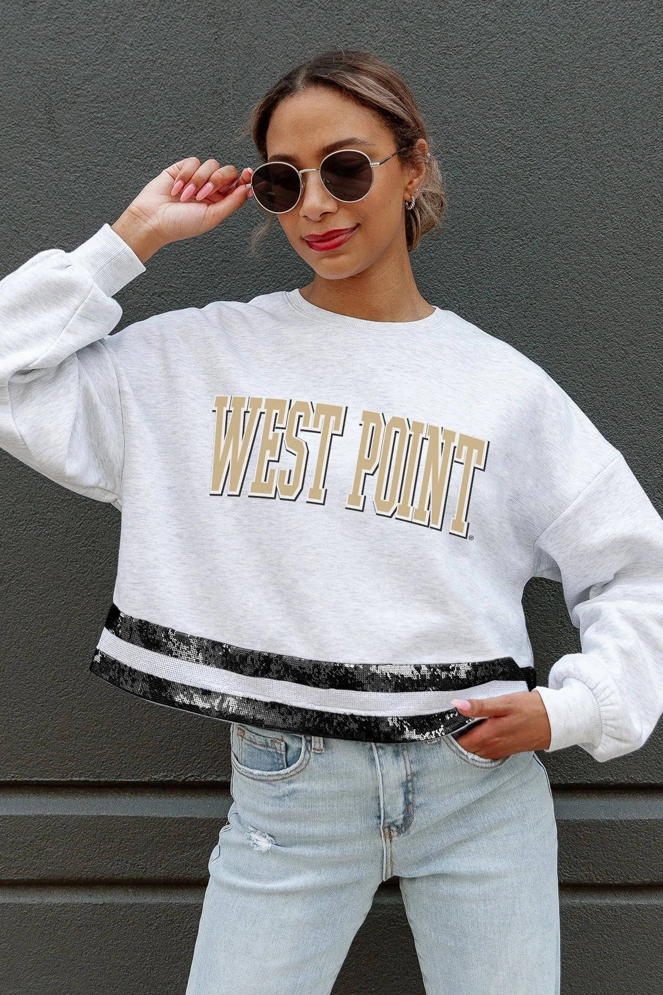 ARMY BLACK KNIGHTS PASS THE SHINE SEQUIN TRIM MID-CROP SWEATSHIRT