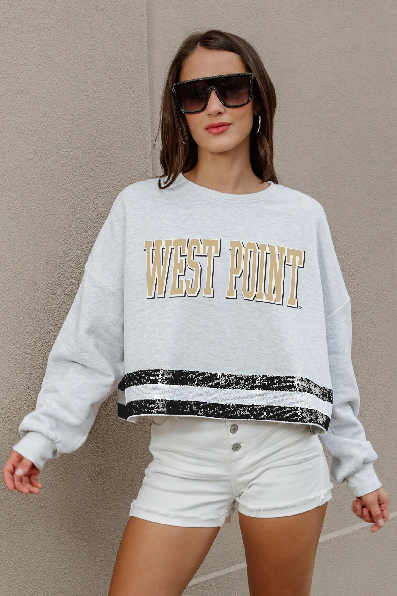 ARMY BLACK KNIGHTS PASS THE SHINE SEQUIN TRIM MID-CROP SWEATSHIRT