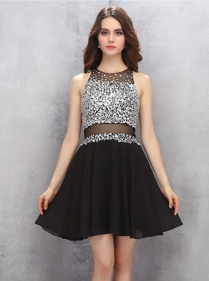 Black Homecoming Dresses,Chiffon Cocktail Dress,Short Homecoming Dress,HC00123