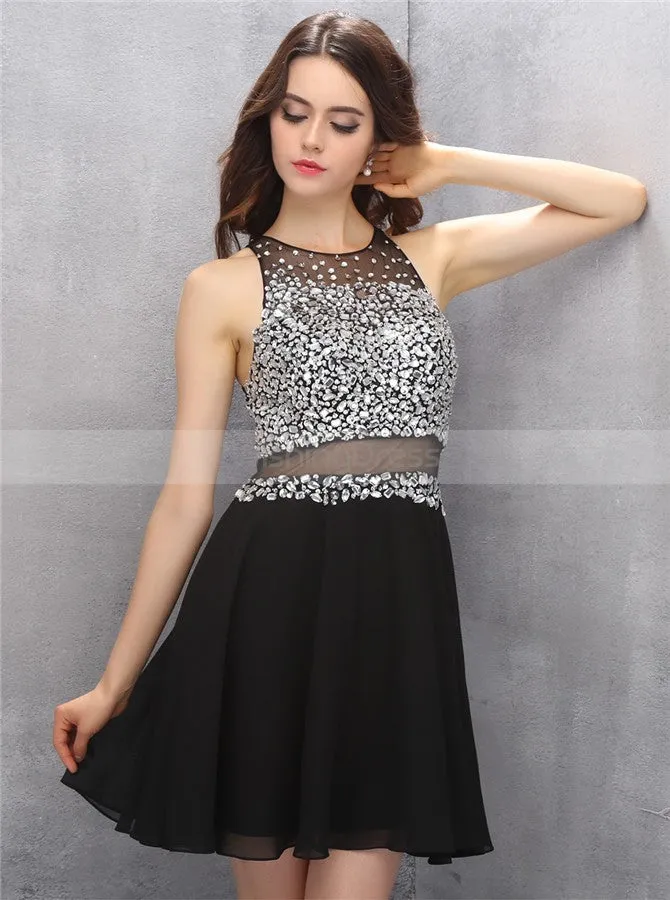 Black Homecoming Dresses,Chiffon Cocktail Dress,Short Homecoming Dress,HC00123