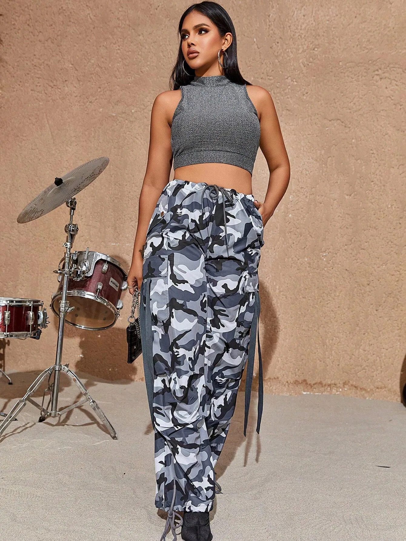 Camo Print Drawstring Cargo Parachute Pants