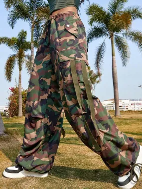 Camo Print Drawstring Cargo Parachute Pants