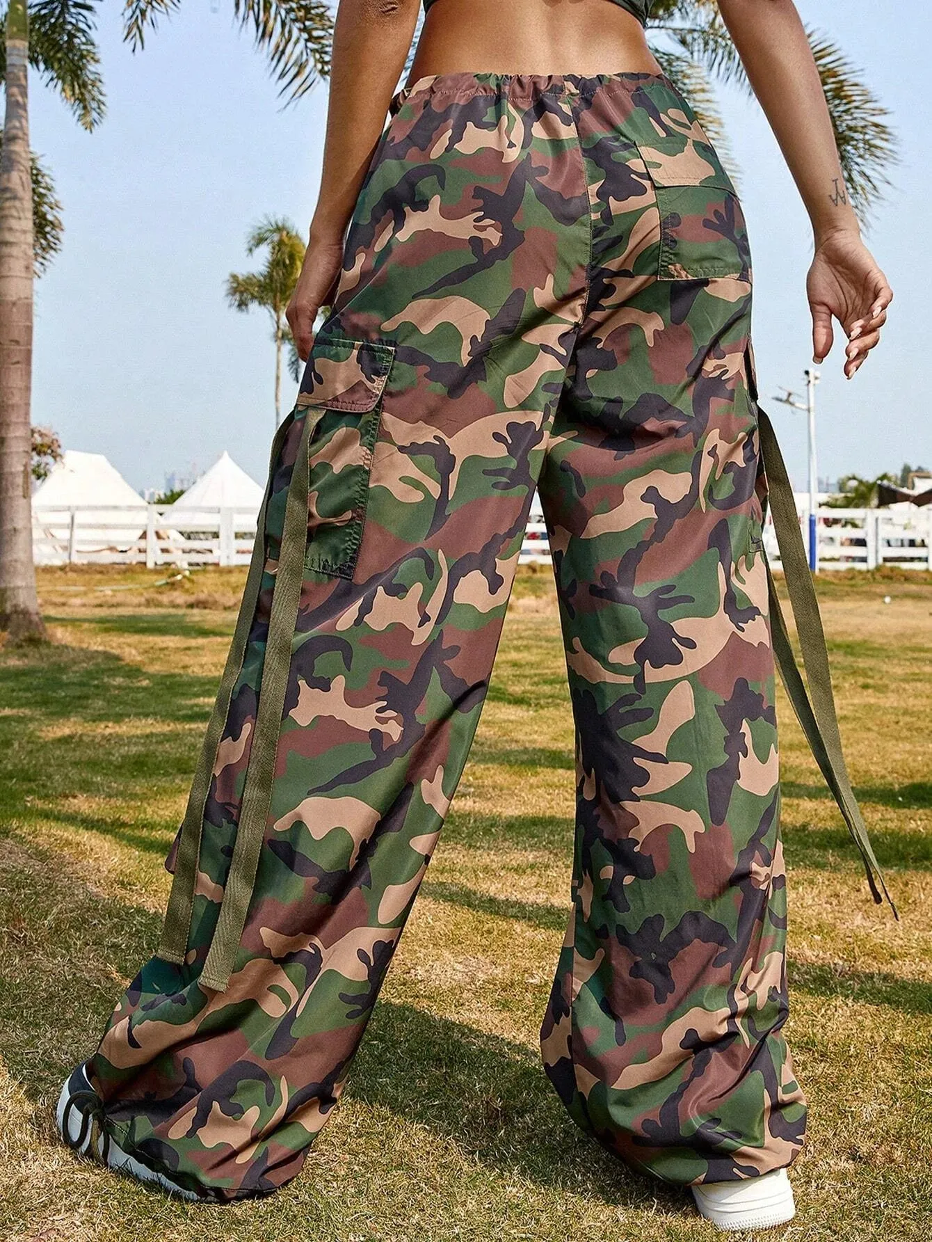 Camo Print Drawstring Cargo Parachute Pants