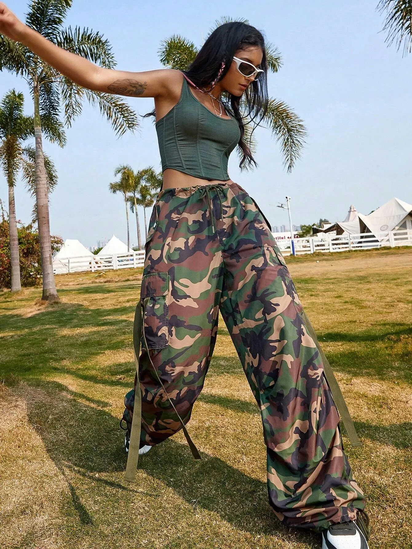 Camo Print Drawstring Cargo Parachute Pants