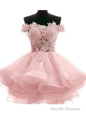 Custom Made Off Shoulder Pink Lace Short Prom Dresses, Pink Lace Bridesmaid Dresses, Homecoming Dresses