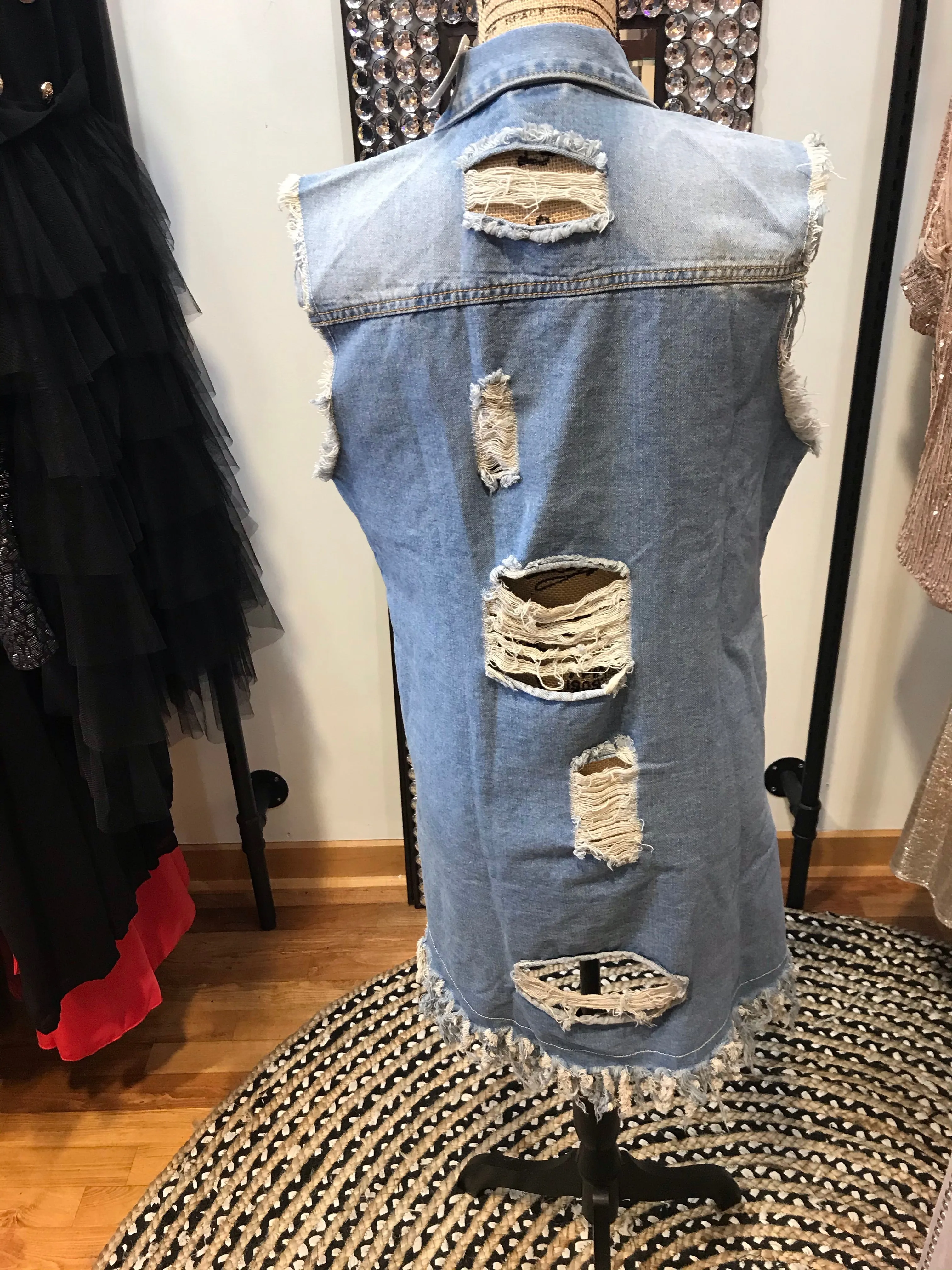 Frayed Distressed denim long vest jacket