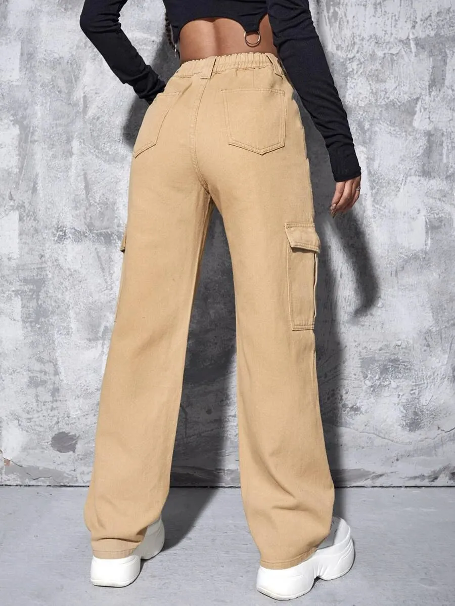 High Waist Flap Pocket Wide Leg Jeans