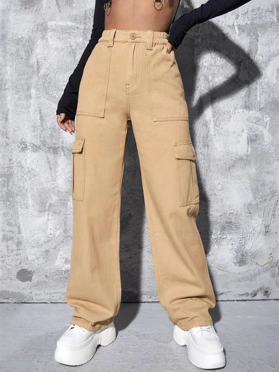 High Waist Flap Pocket Wide Leg Jeans