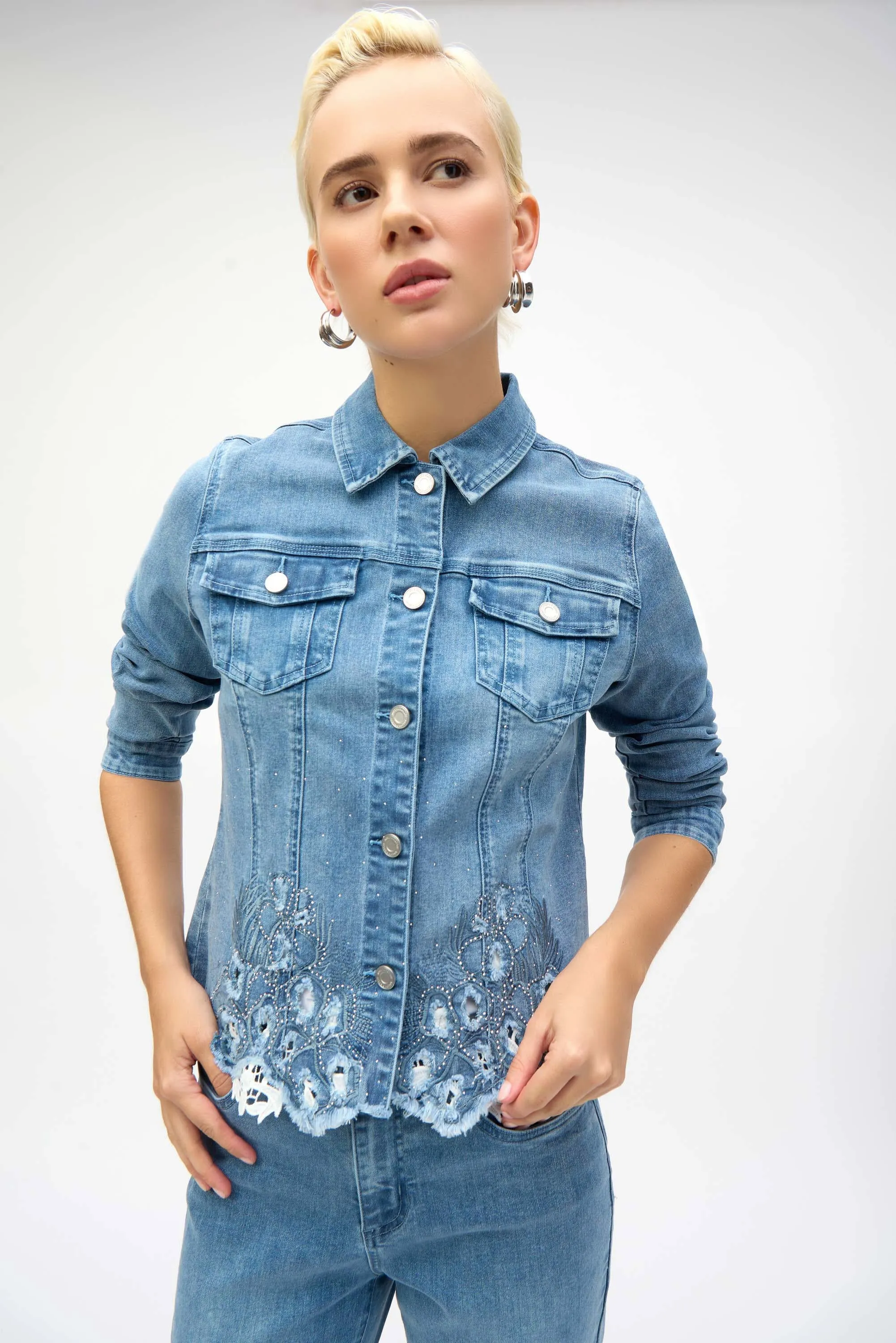 Joseph Ribkoff Denim Jacket with Embroidery  252911  Denim Medium Blue