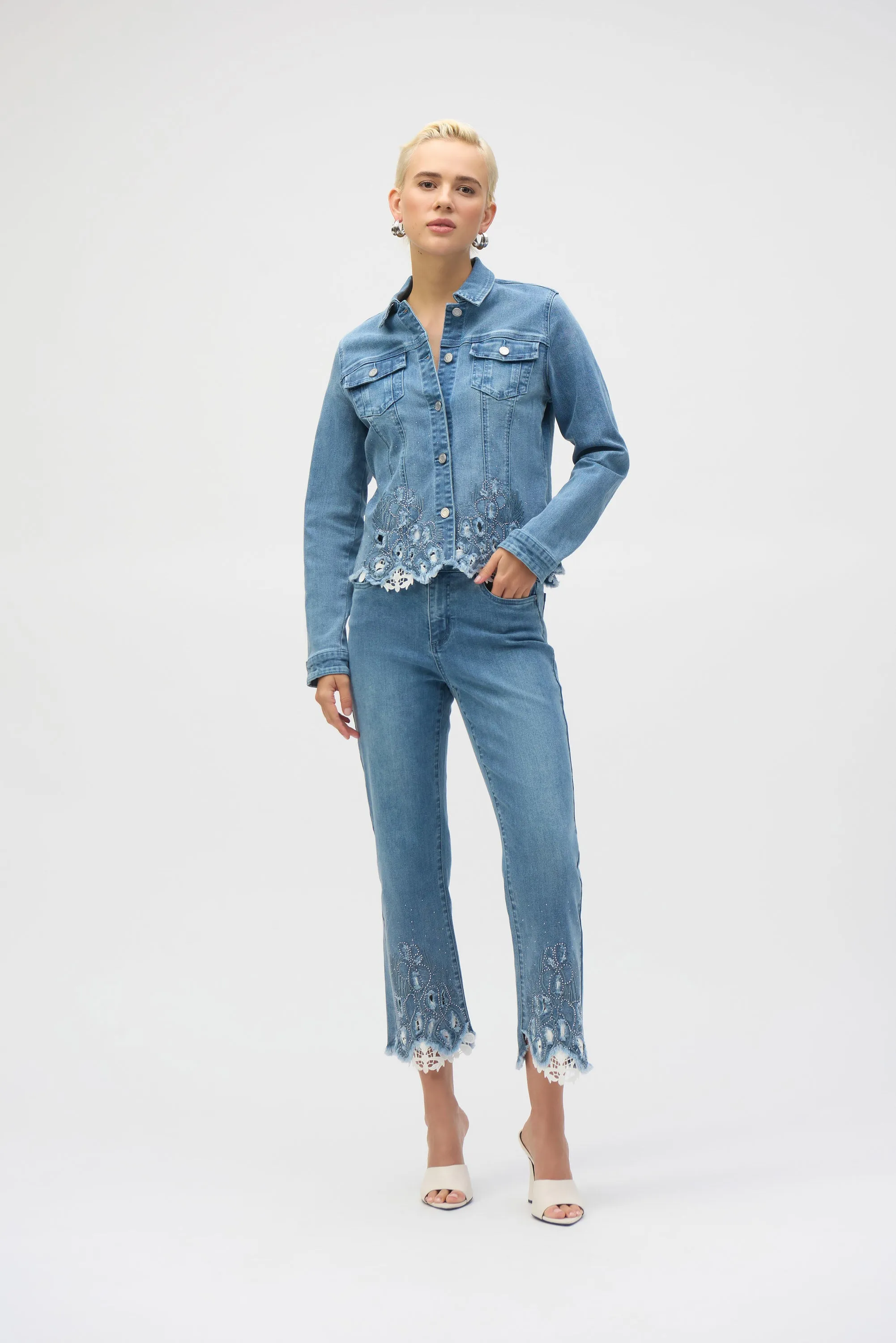Joseph Ribkoff Denim Jacket with Embroidery  252911  Denim Medium Blue