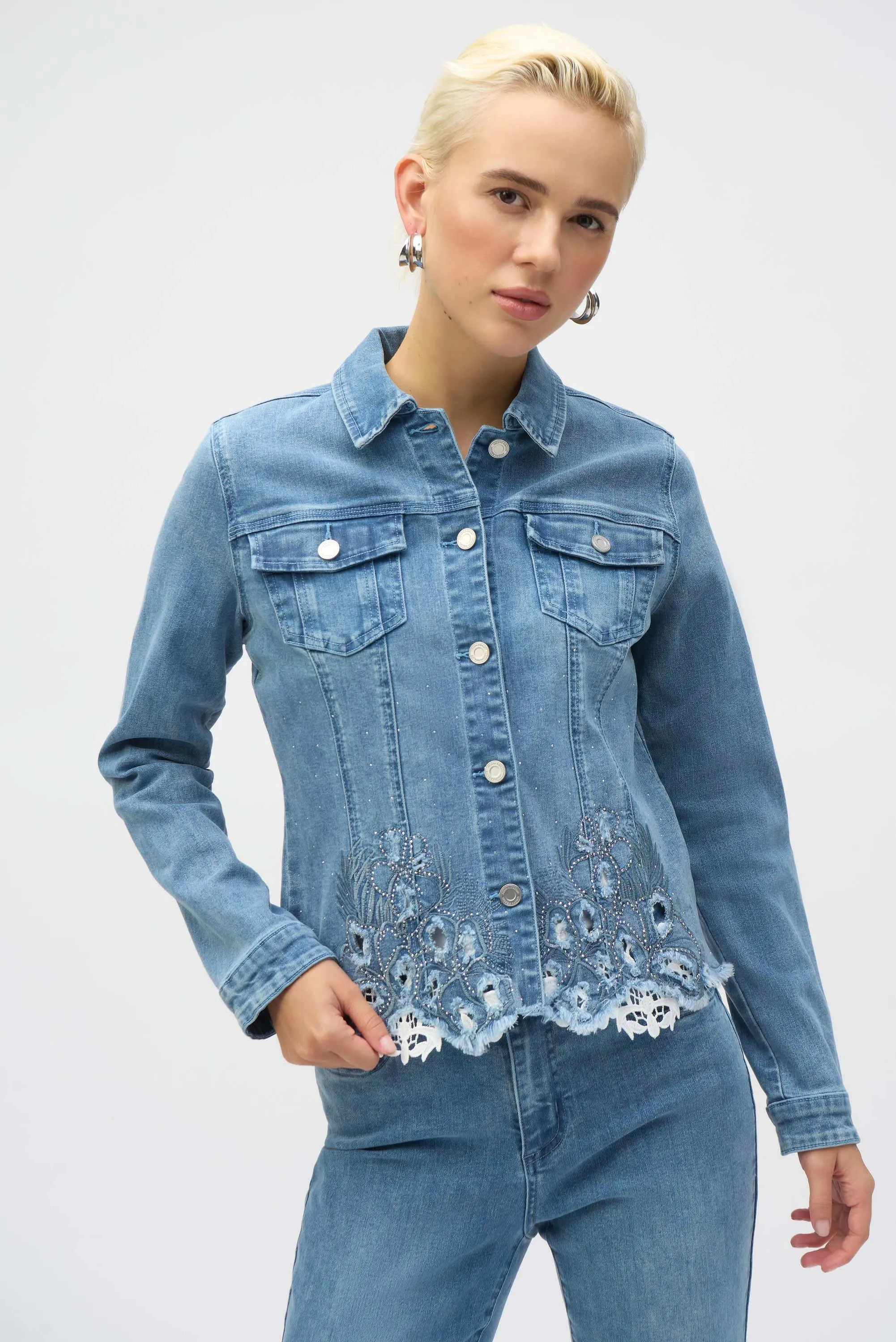 Joseph Ribkoff Denim Jacket with Embroidery  252911  Denim Medium Blue