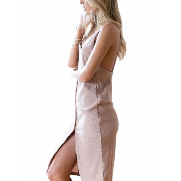 Knitting Slim Knee Length Pure Color Sleeveless Bodycon Dress