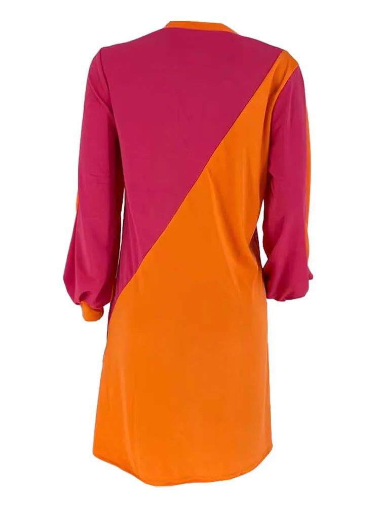 Long Lantern Sleeve Color Block Mini Dresses
