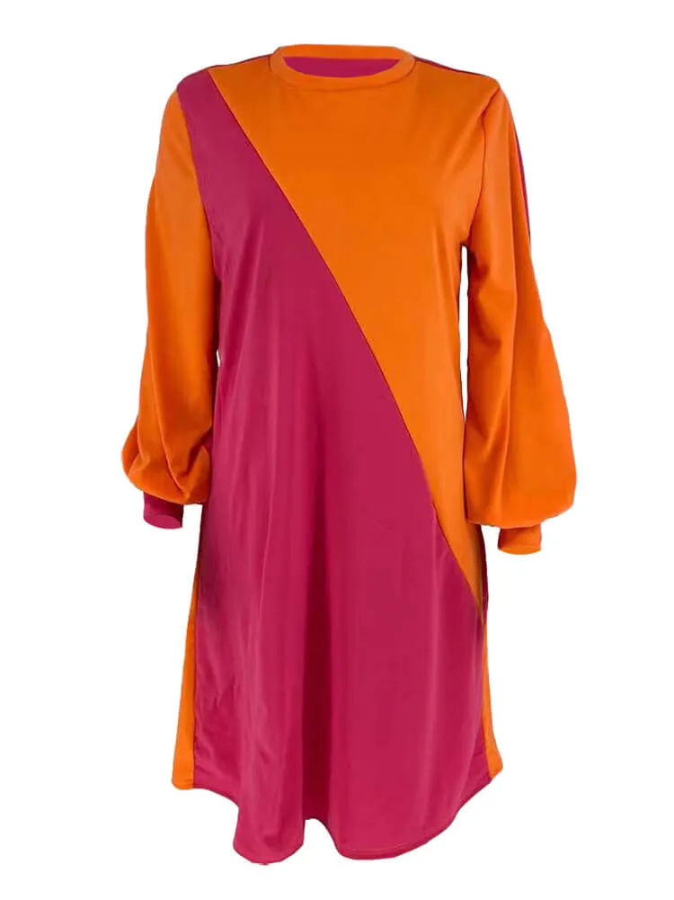 Long Lantern Sleeve Color Block Mini Dresses