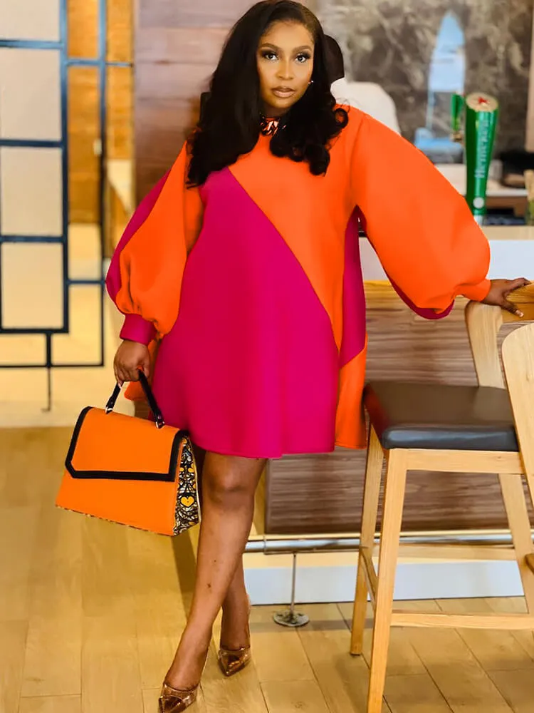 Long Lantern Sleeve Color Block Mini Dresses
