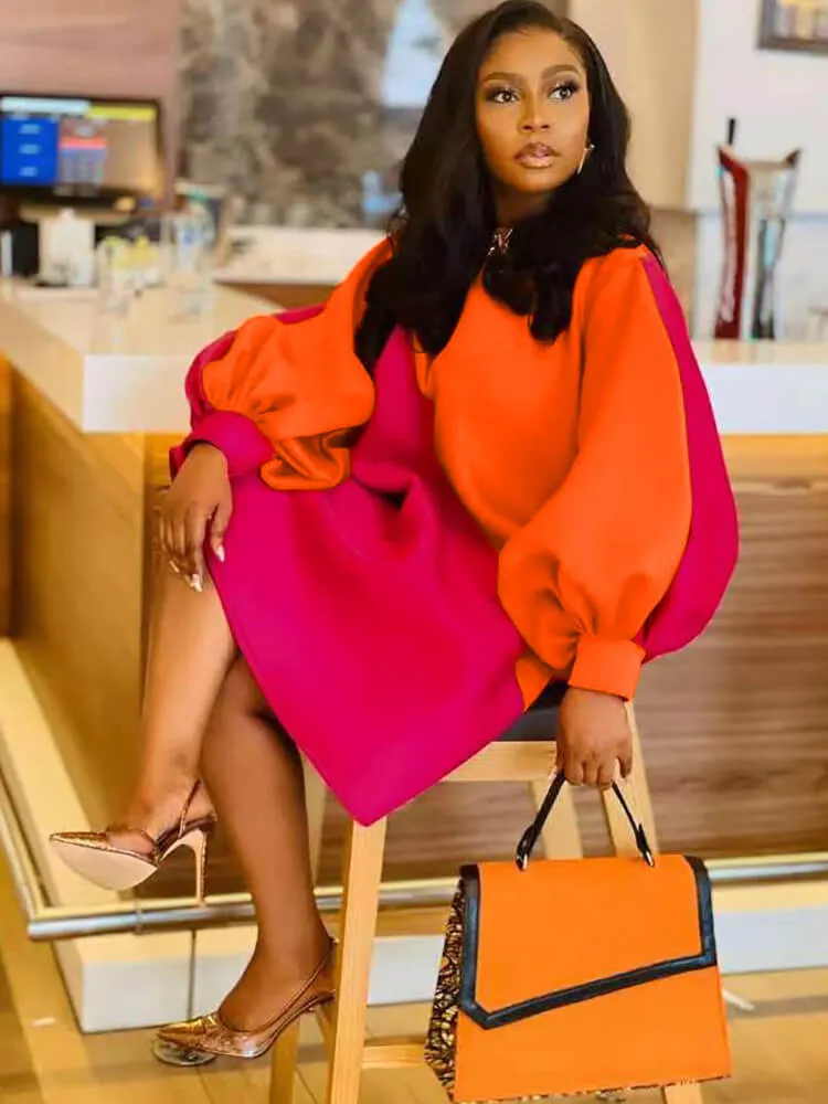 Long Lantern Sleeve Color Block Mini Dresses