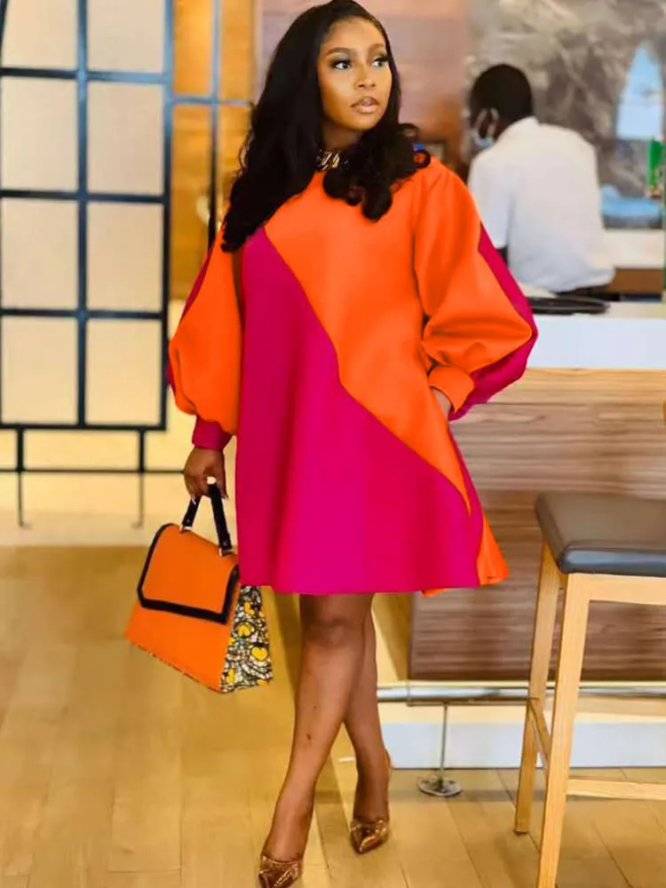 Long Lantern Sleeve Color Block Mini Dresses