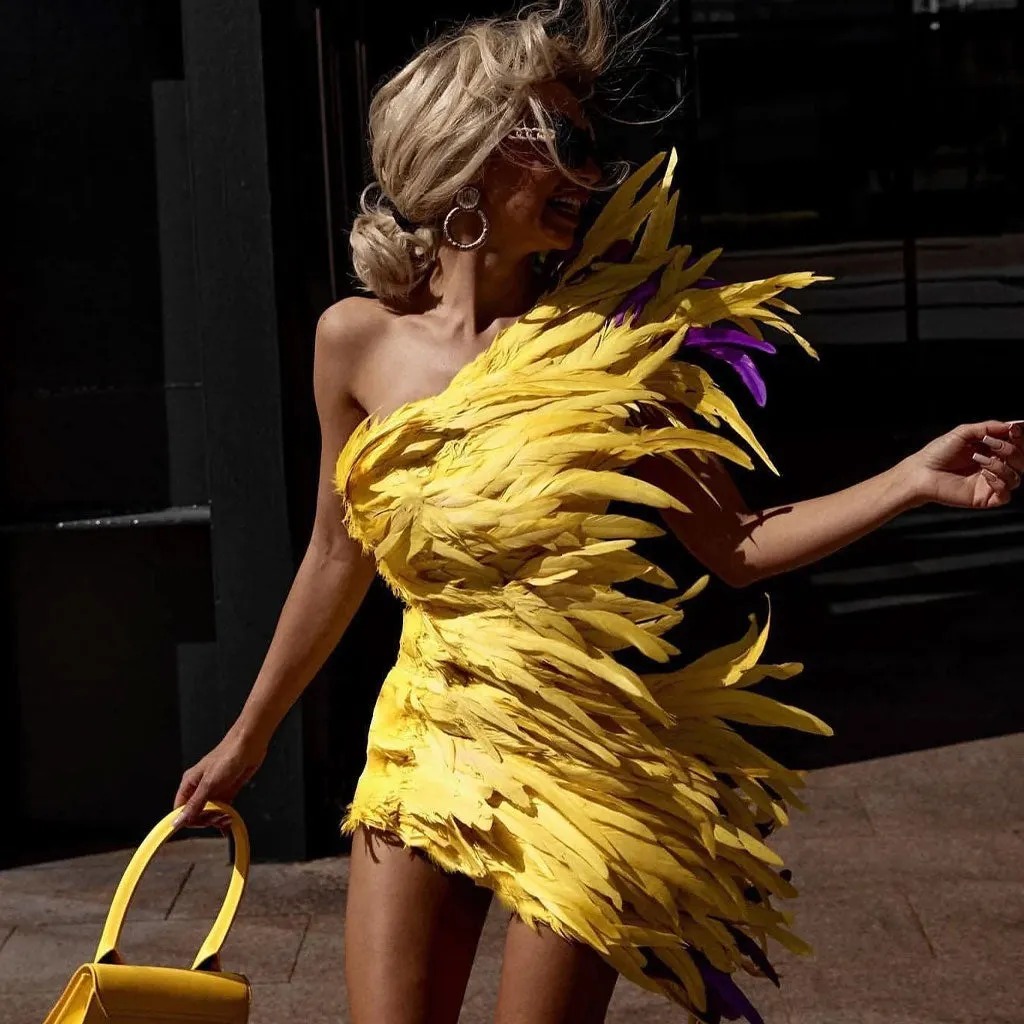 Luxury Feather Trim One Shoulder Bodycon Mini Dress - Yellow