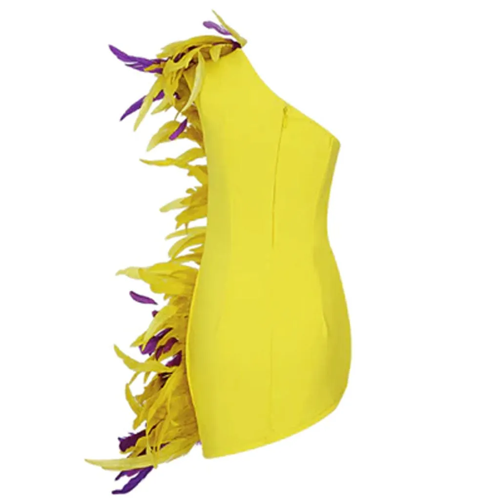 Luxury Feather Trim One Shoulder Bodycon Mini Dress - Yellow