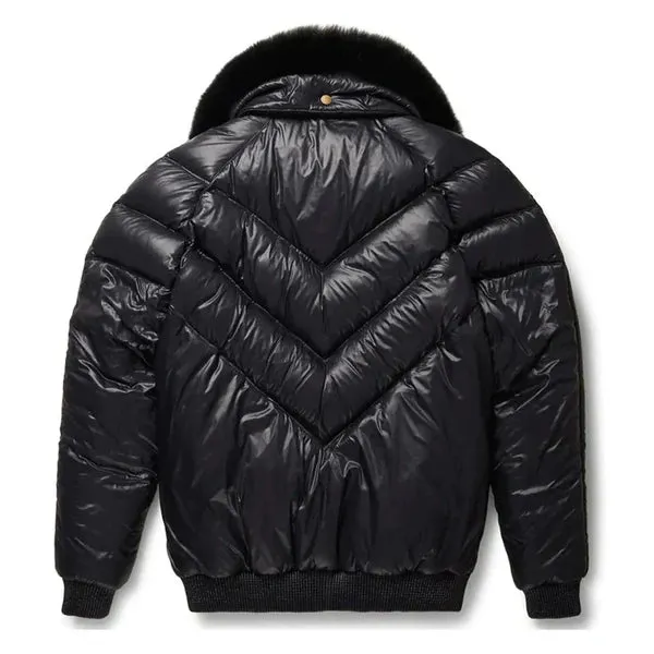 Men's Black V-Bomber Faux Shearling Leather Jacket