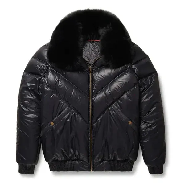 Men's Black V-Bomber Faux Shearling Leather Jacket