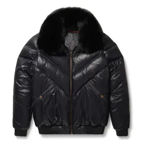 Men's Black V-Bomber Faux Shearling Leather Jacket