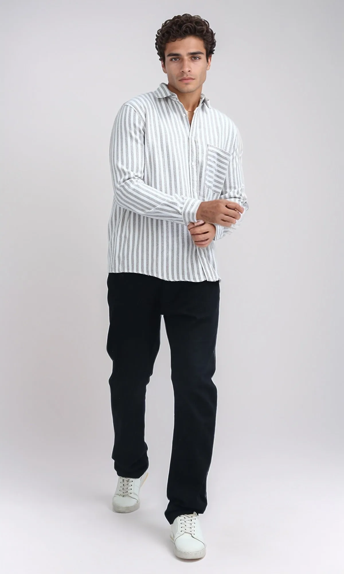 O200511 - Classic Collar Full Buttoned Striped Shirt - Brown & White
