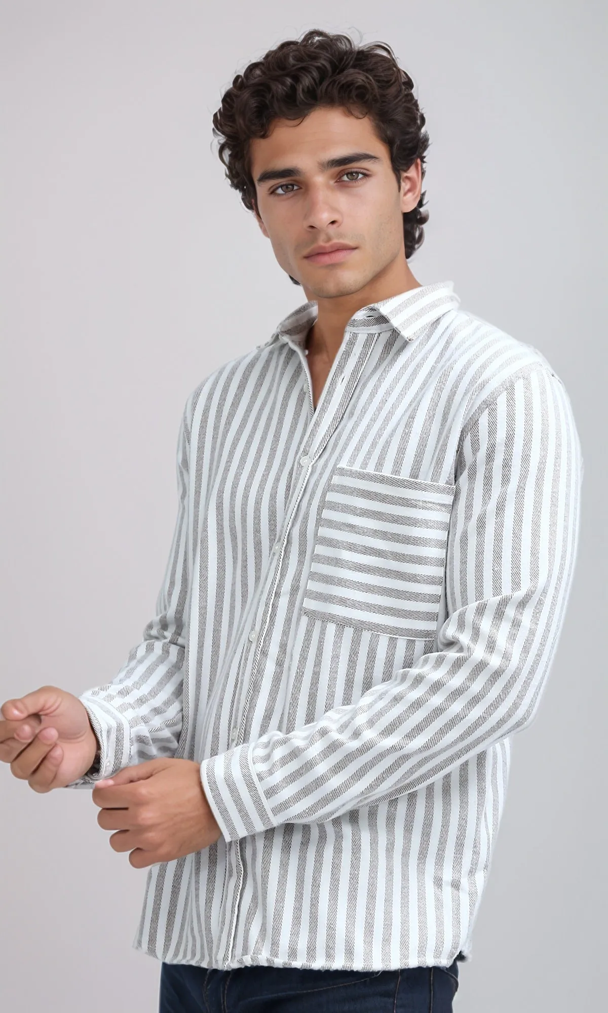 O200511 - Classic Collar Full Buttoned Striped Shirt - Brown & White