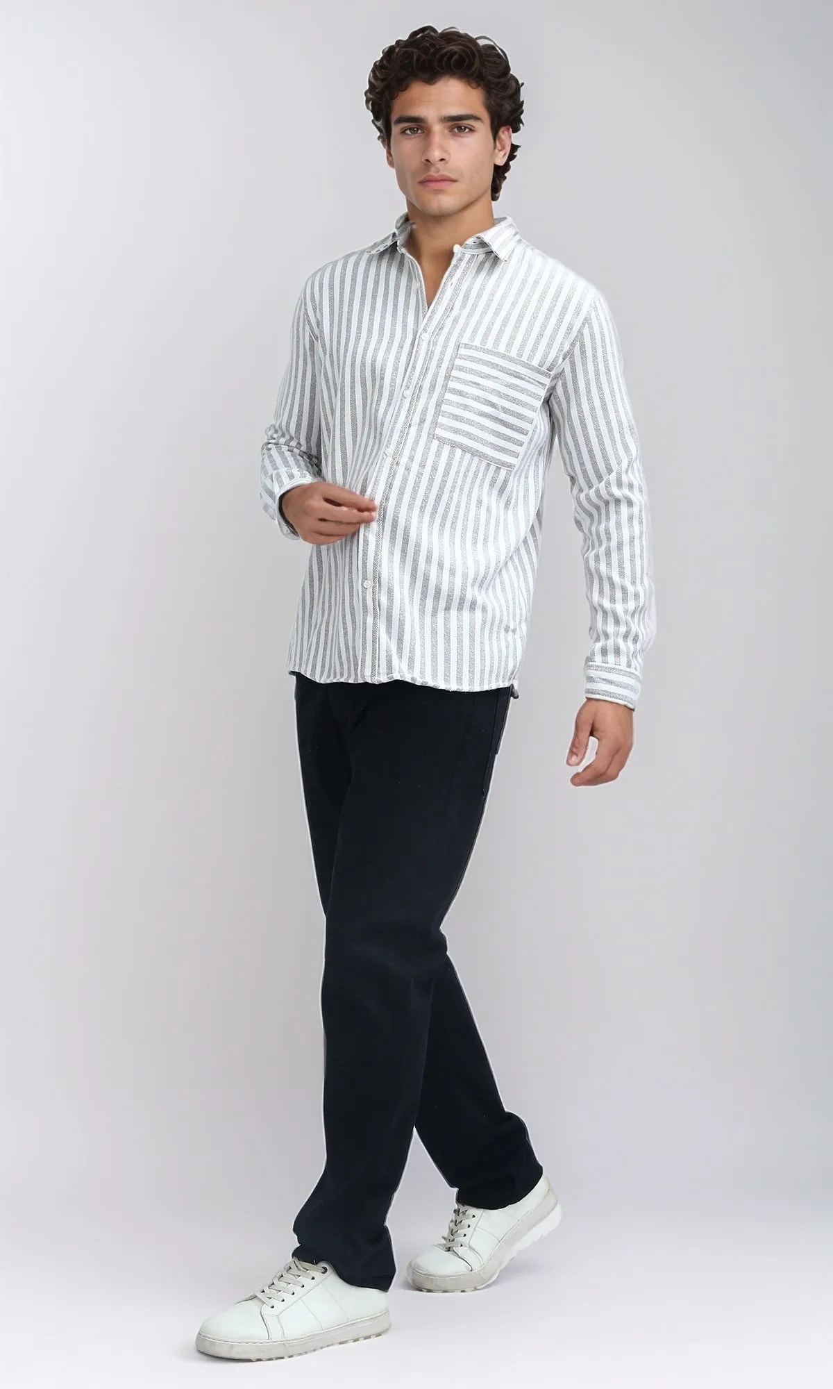 O200511 - Classic Collar Full Buttoned Striped Shirt - Brown & White