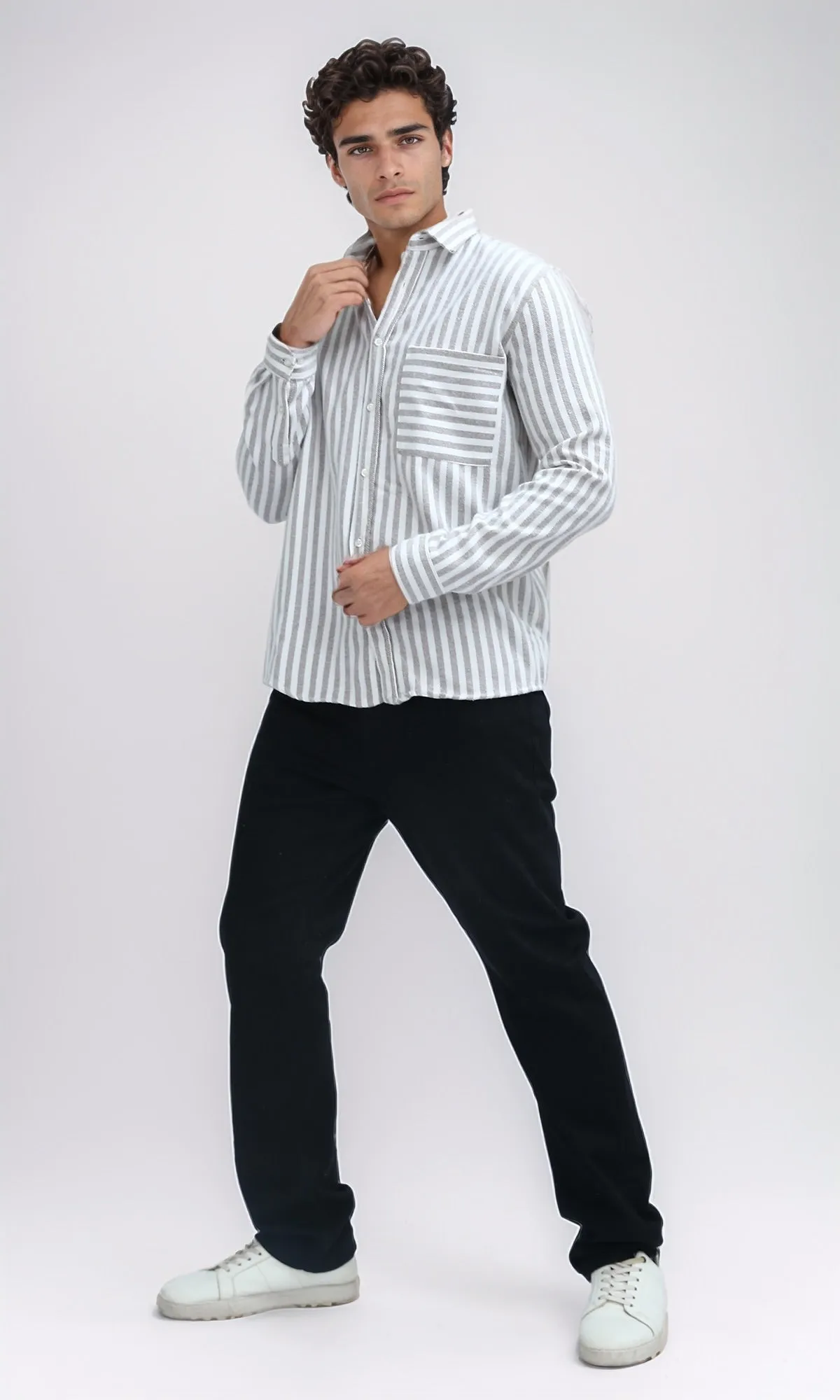 O200511 - Classic Collar Full Buttoned Striped Shirt - Brown & White