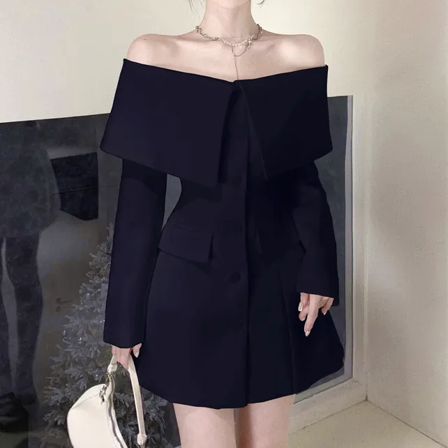 Off-Shoulder Waisted Long-Sleeved Suit Dress