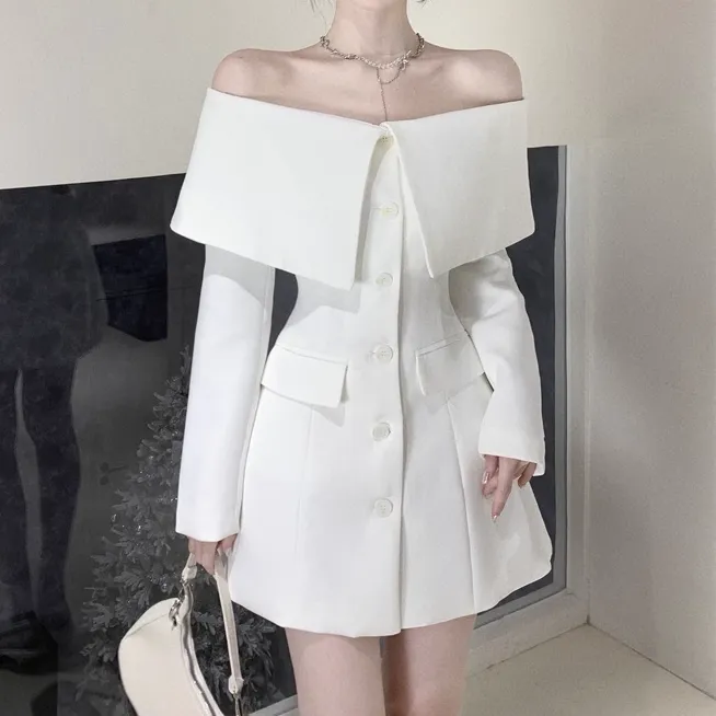Off-Shoulder Waisted Long-Sleeved Suit Dress