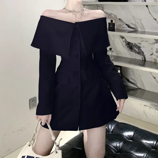 Off-Shoulder Waisted Long-Sleeved Suit Dress