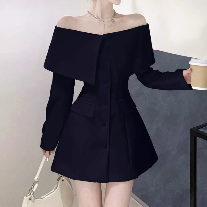 Off-Shoulder Waisted Long-Sleeved Suit Dress