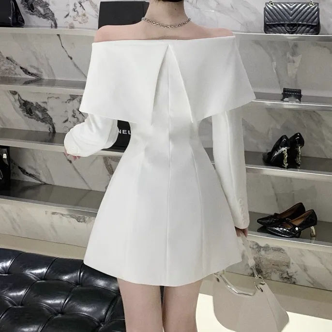 Off-Shoulder Waisted Long-Sleeved Suit Dress