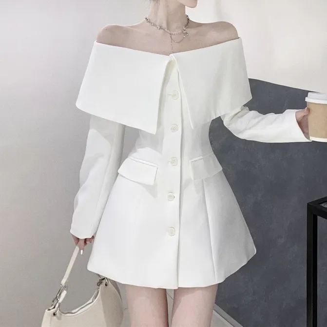 Off-Shoulder Waisted Long-Sleeved Suit Dress