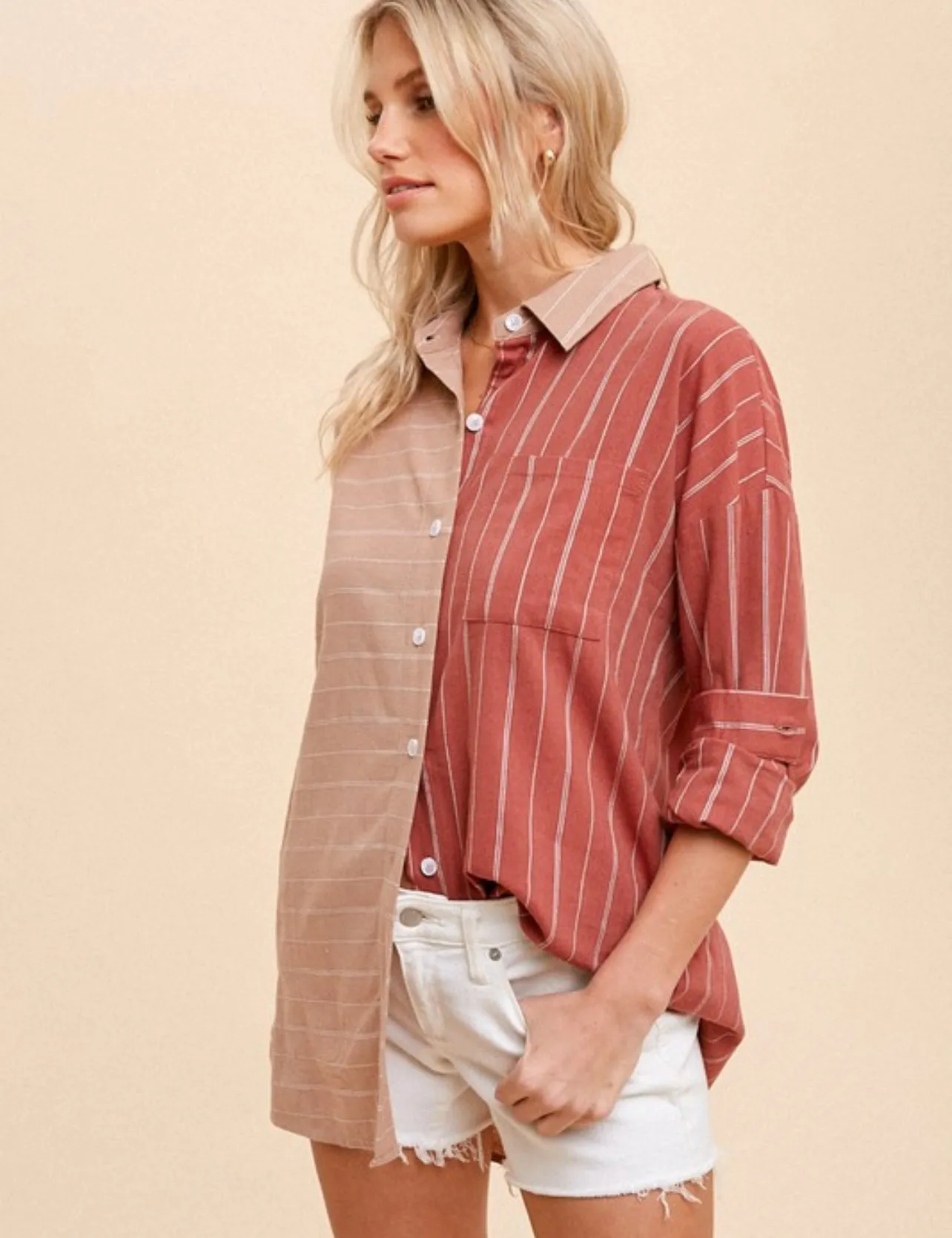 On The Agenda ~ Rust and Khaki Button Down Top
