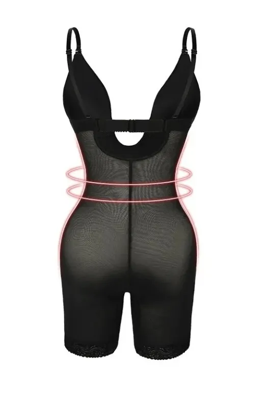 Plunging Front Low Back One Piece Shapewear - Mid Thigh