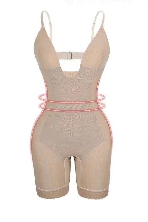 Plunging Front Low Back One Piece Shapewear - Mid Thigh