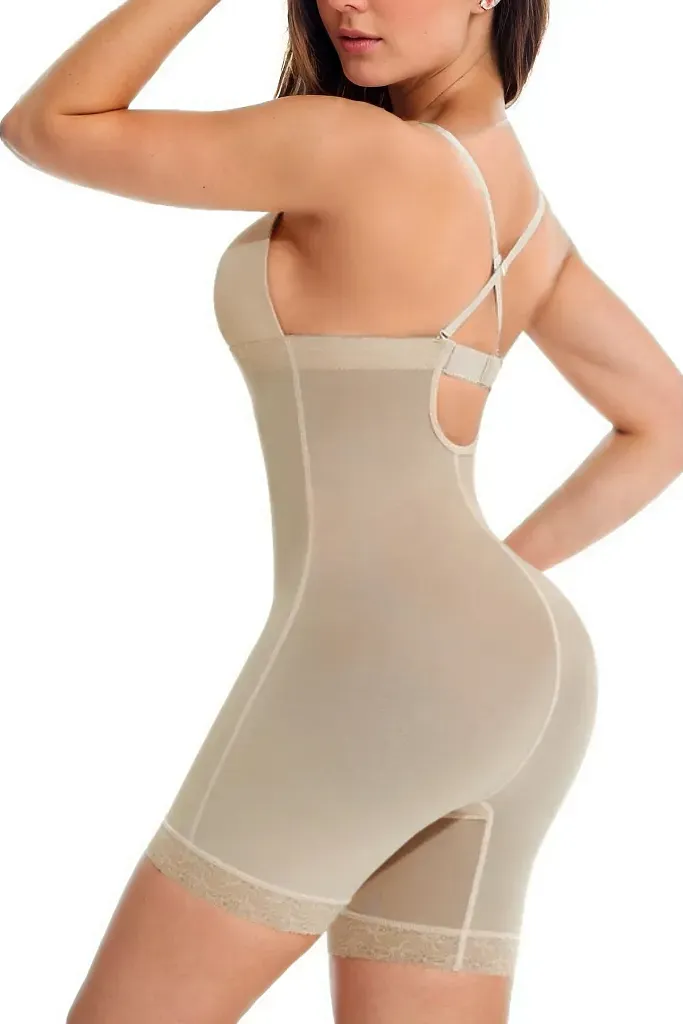 Plunging Front Low Back One Piece Shapewear - Mid Thigh