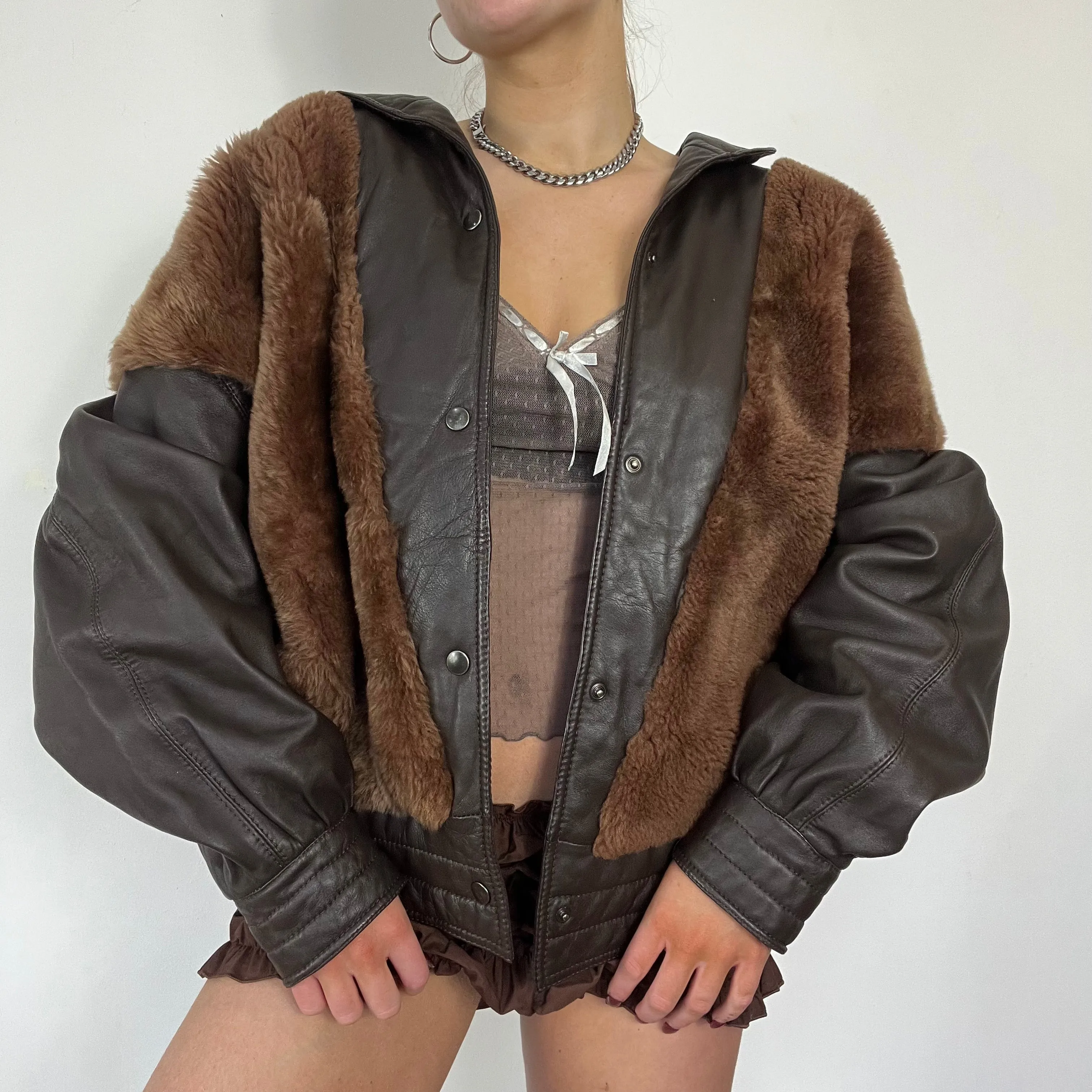 Real leather fur bomber jacket - Size L